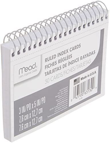 Mead Index Cards, Spiral, Ruled, 3″ x 5″, White, Blank 1 Count (Pack of 1)
