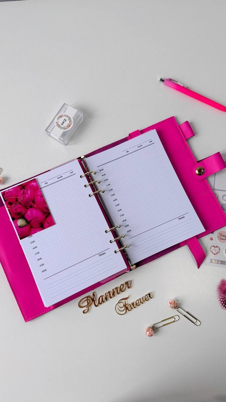Pink Leather notebook cover A5 big binder 6 rings. Leather planner binder A5.