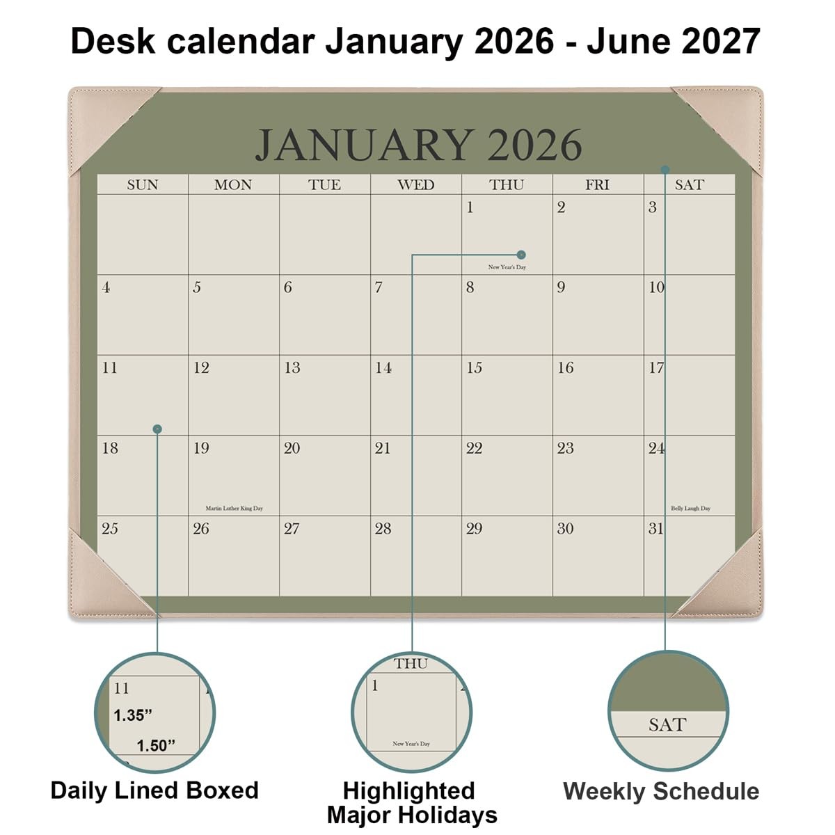 Desk Calendar 2026 with Desktop Mat, 18 Month Small 8.5″ x 11″, Beige