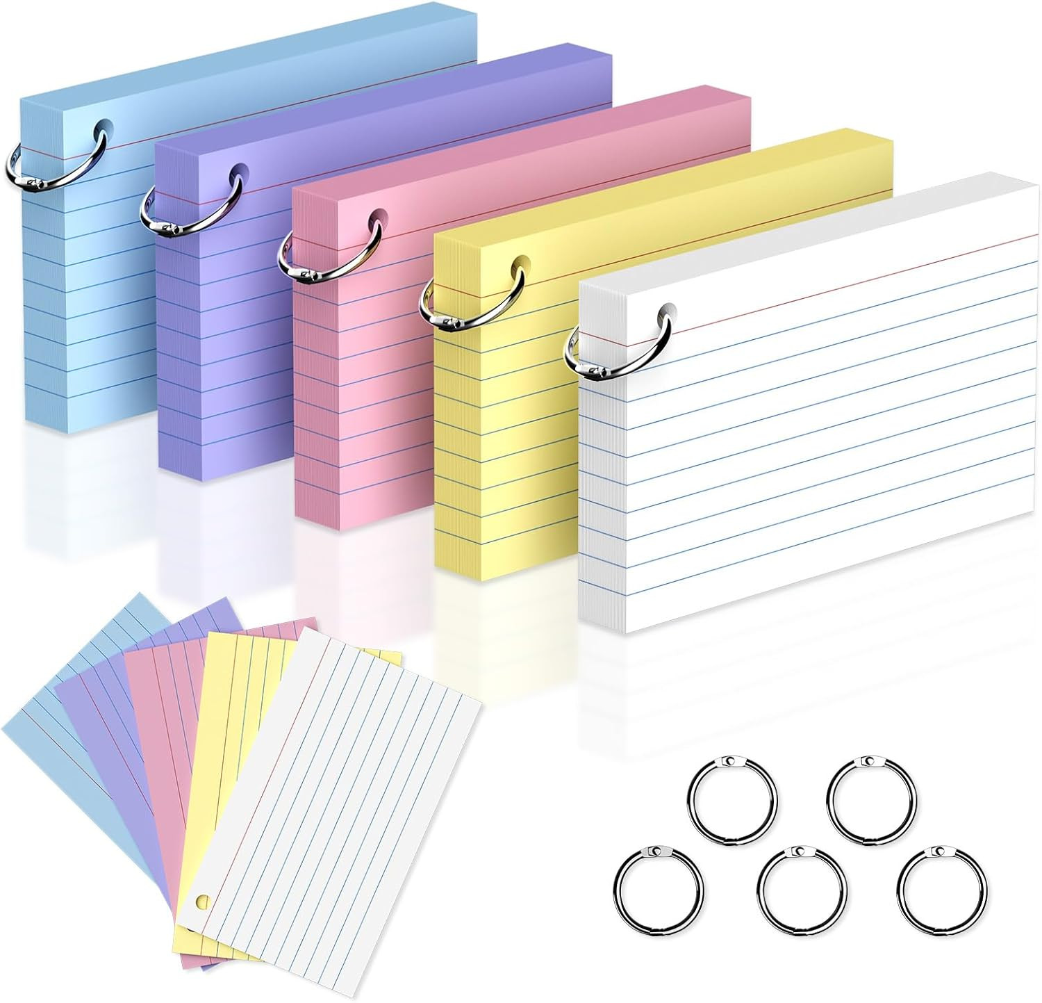 250 Count Colored 3 x 5 Inch Index Cards with Ring, Ruled Flash Cards for Office