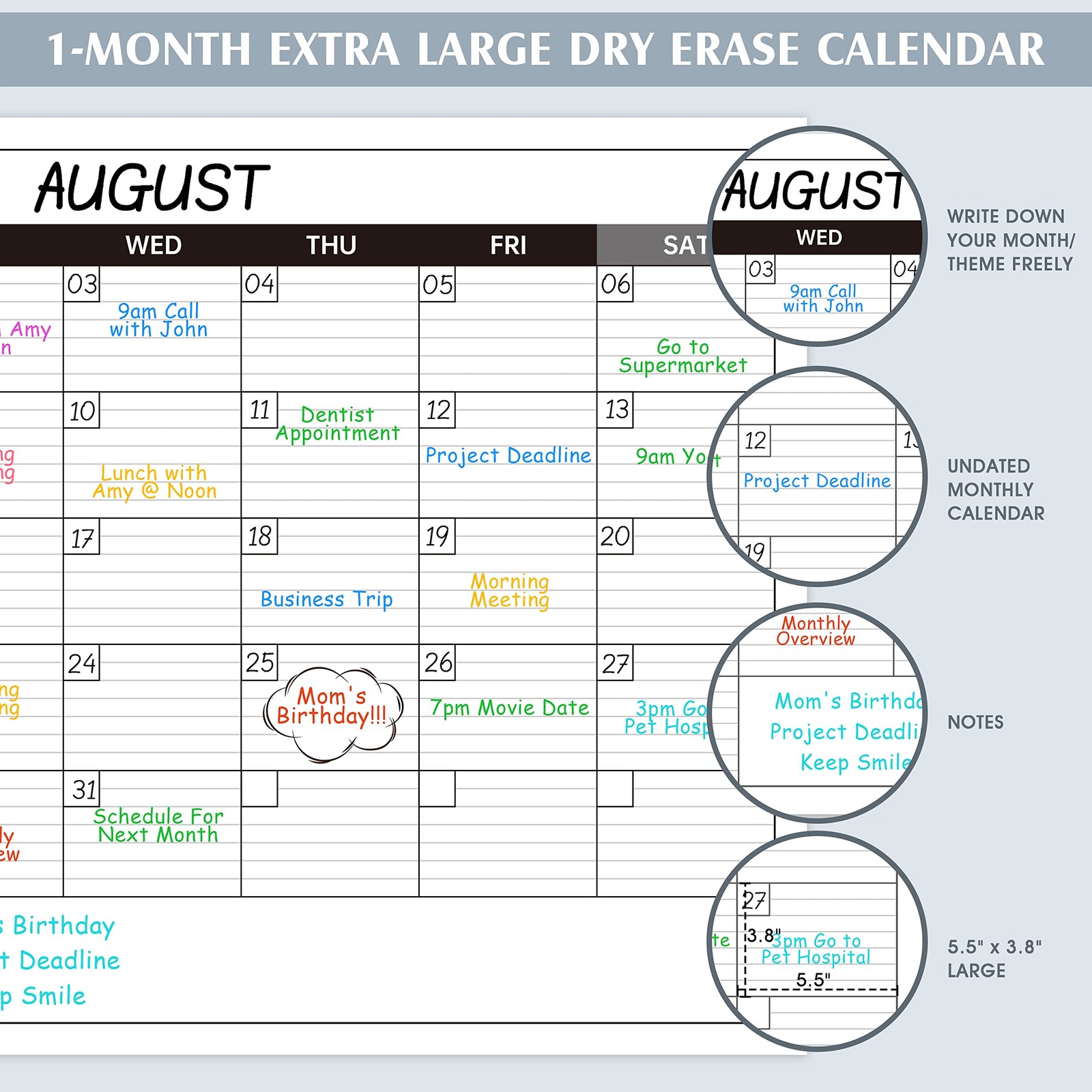 Large Dry Erase Calendar for Wall – Undated 1 Month Big 40″ x 30″