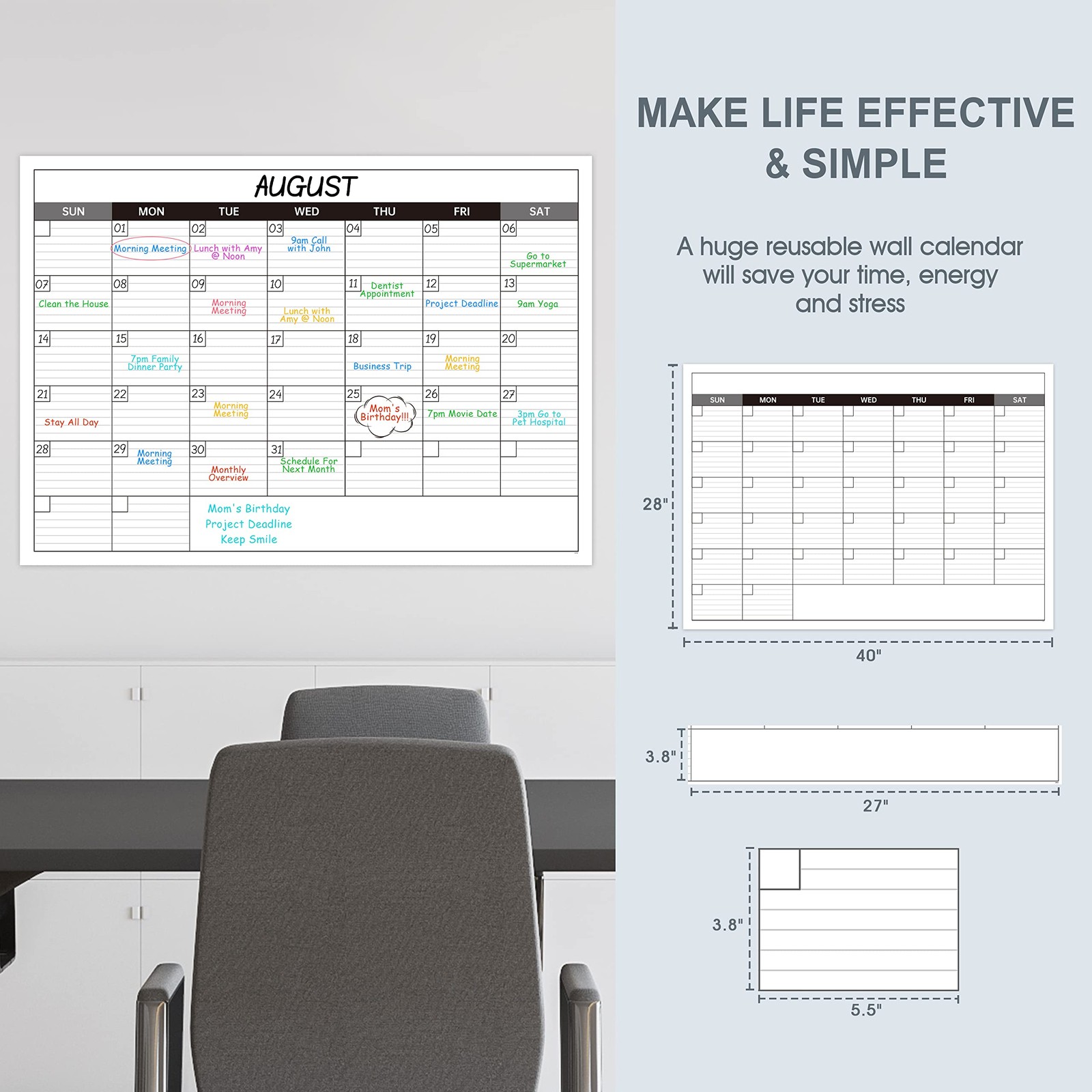 Large Dry Erase Calendar for Wall – Undated 1 Month Big 40″ x 30″
