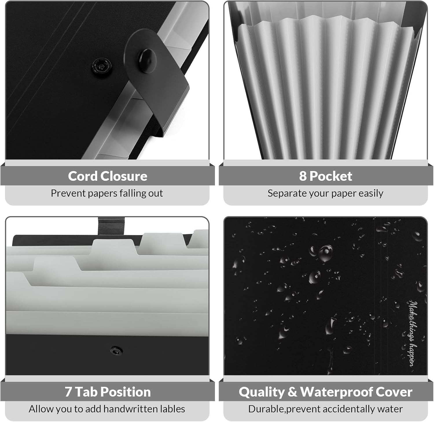 SKYDUE 4-Pack Expanding File Folder 8-Pocket Accordion Document Organizer Black