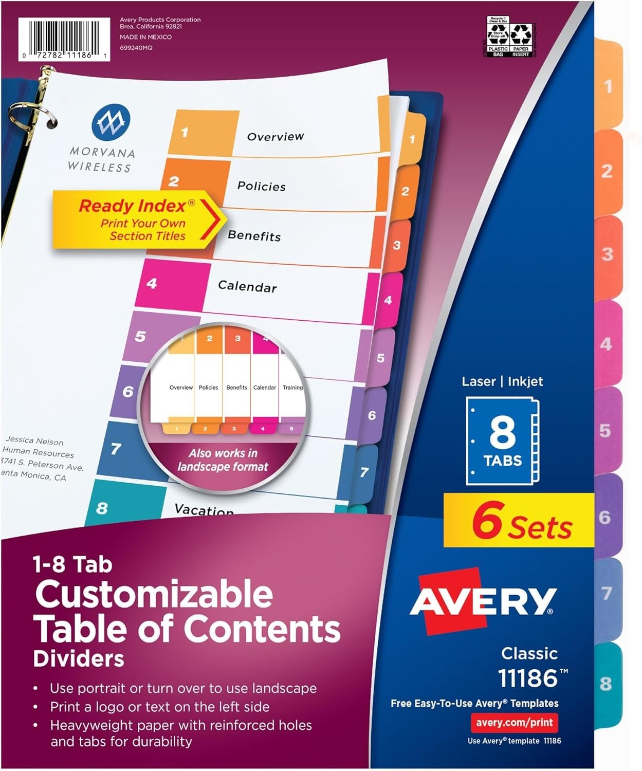Avery 11186 Table of Contents Dividers 8-Tab Multicolor 6-Sets