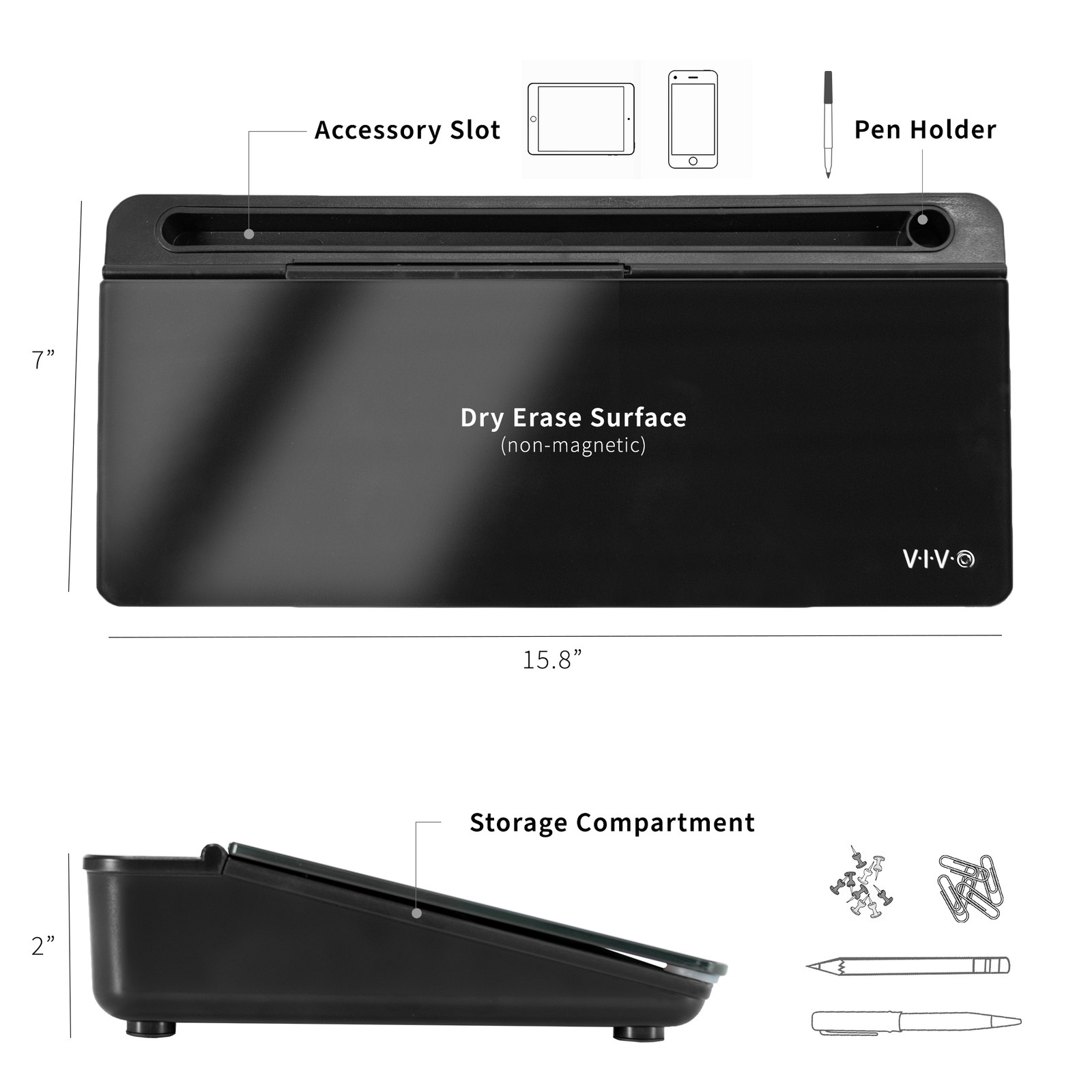 VIVO Black Desktop Dry Erase Board w/ Hidden Storage, 16″ x 7″ Glass Whiteboard