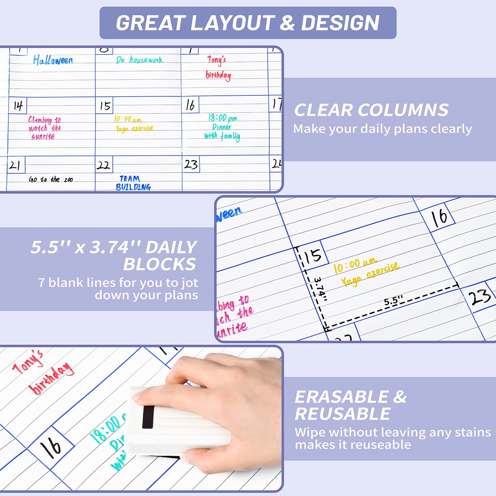 Large Dry Erase Calendar for Wall – Undated 1 Month 40″ x 30″, purple