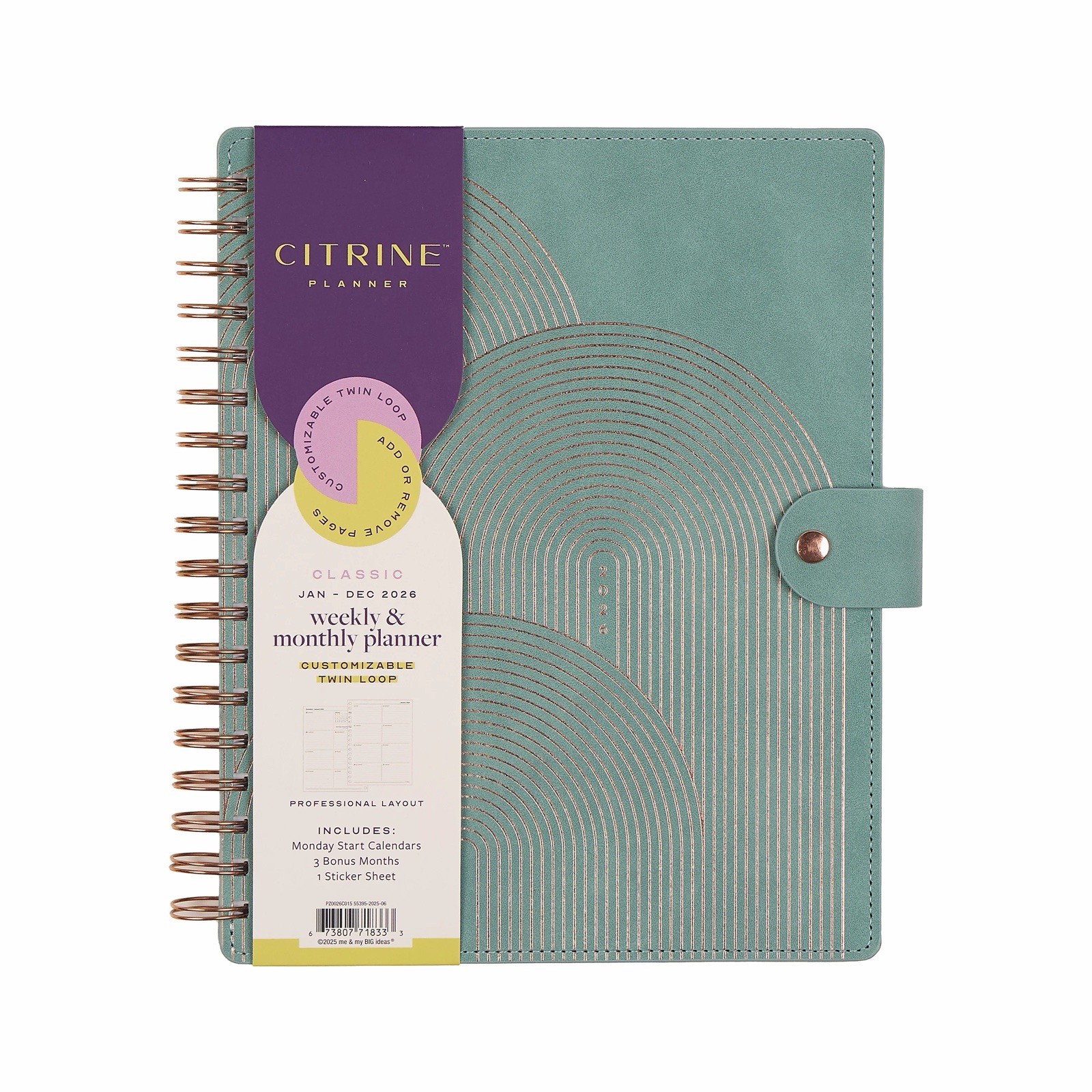 Blue Sky Citrine 2026 Calendar Planner Weekly New Year Faux Green Suede Gold Cov