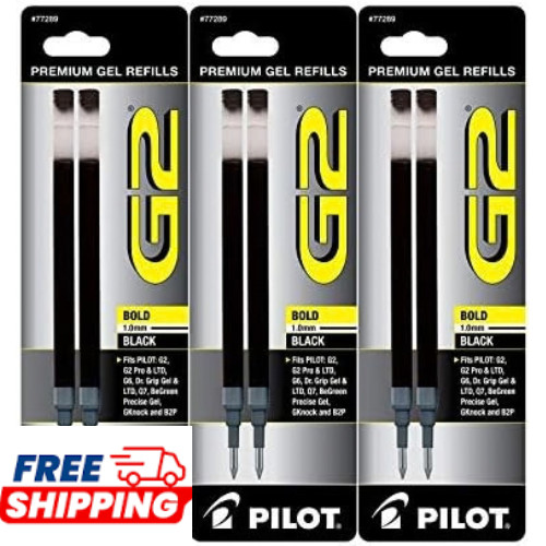 Pilot G2 Gel Pen Refills 1.0mm Bold Point Black Ink 6 Pack Genuine Pilot