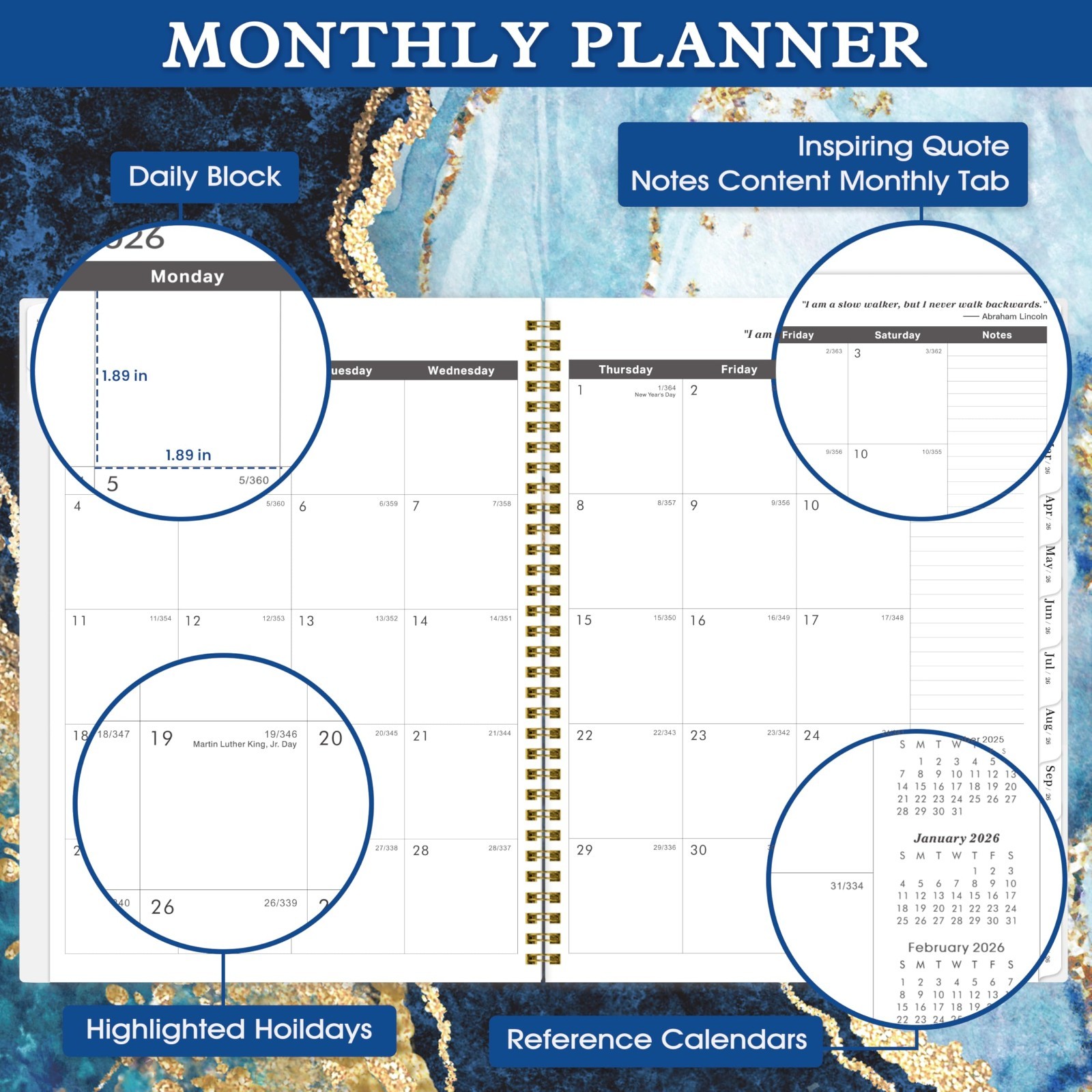 2 Year Monthly Planner 2026 2027, 9×11 Inches, With Tabs, Pocket, Blue