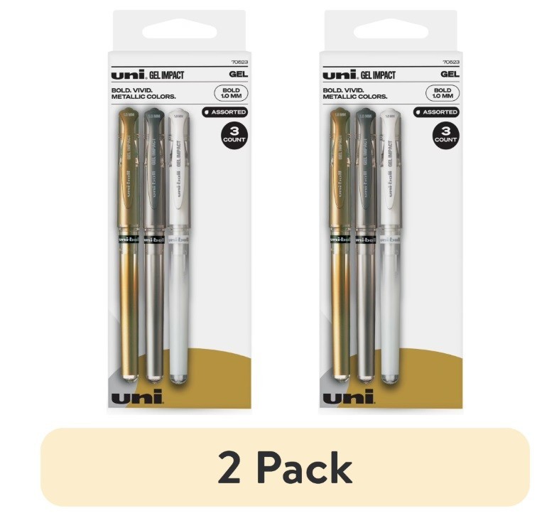 (2 pack) Uniball Gel Impact Pens, Bold Point (1.0mm), Gold/Silver/White Ink
