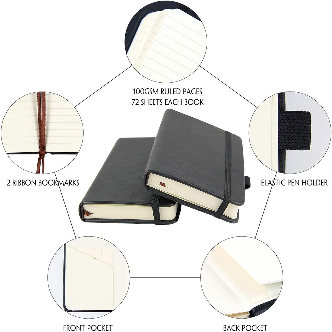 (2-Pack Pocket Notebook 3.5″ X 5.5″, Small Hardcover Journal with Pen Holder, In