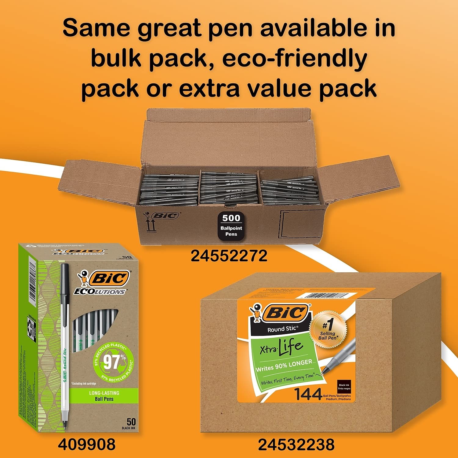 BIC Round Stic Xtra Life Ballpoint Pen, Medium 60 Count (Pack of 1), Black