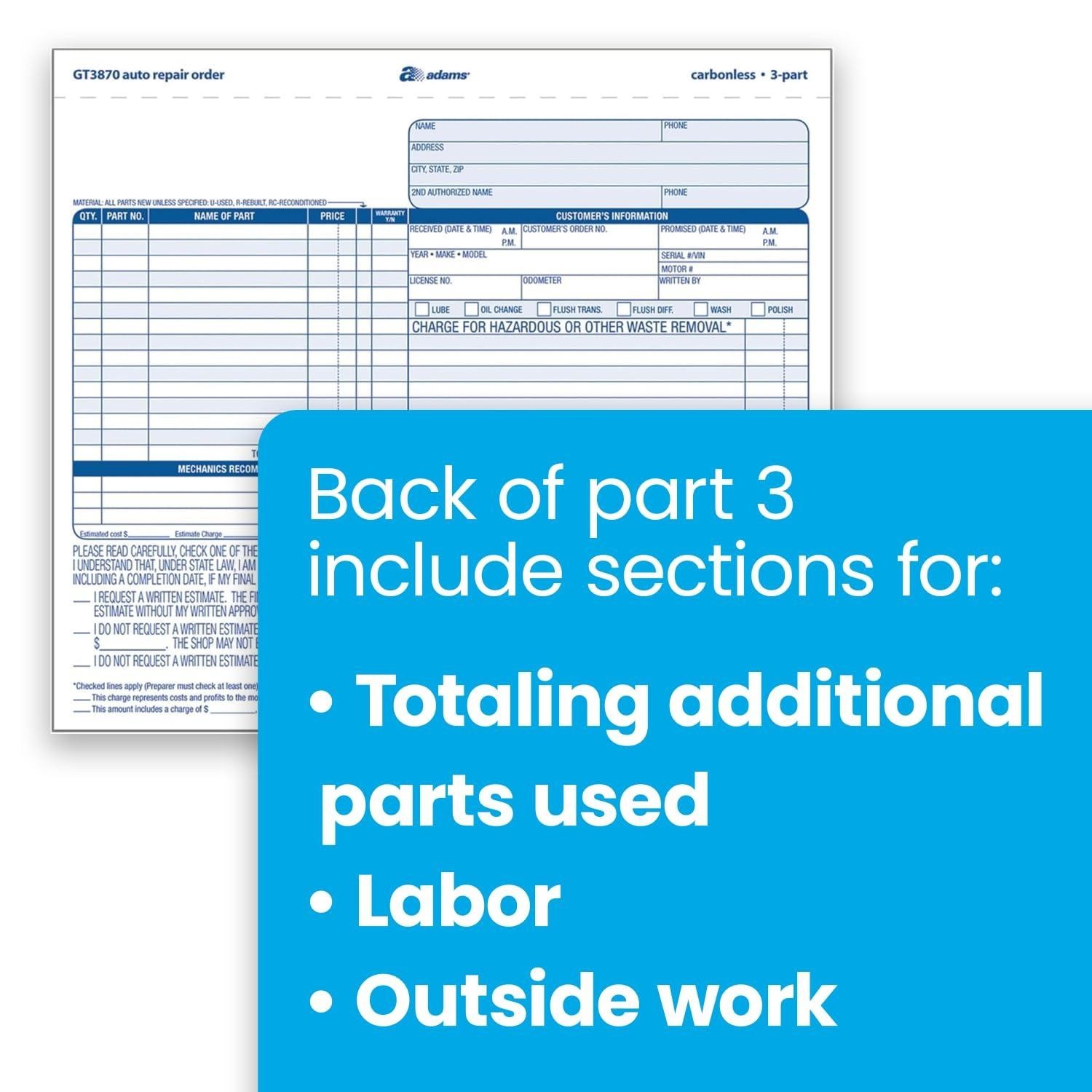 50 Pack Auto Repair Order Forms (GT3870) – 3 Part Carbonless White Canary Forms.