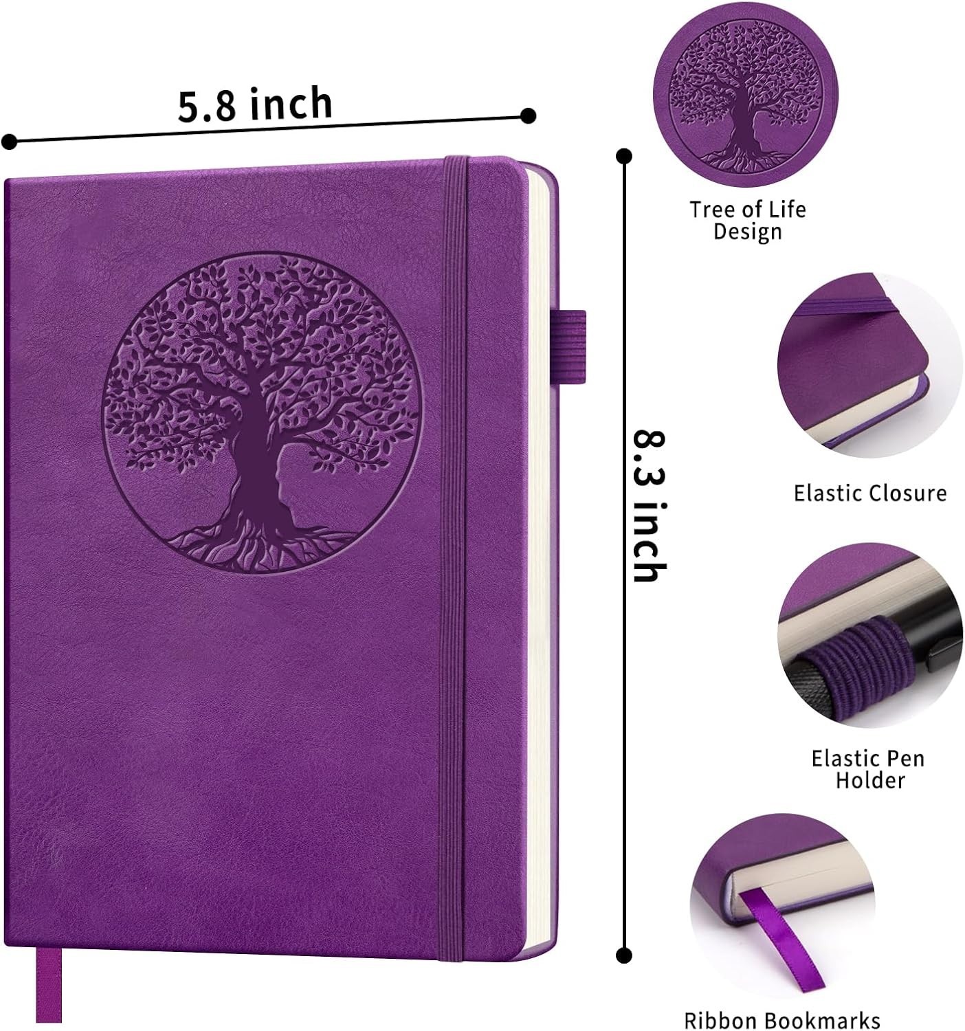 A5 Leather Journal Notebook Purple Tree of Life 256 Pages