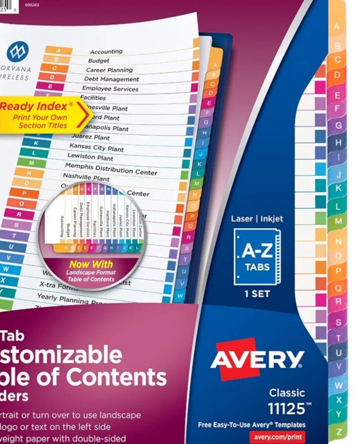 Avery A-Z Tab Dividers for Table of Contents, Multicolor Tabs, 1 Set (11125)