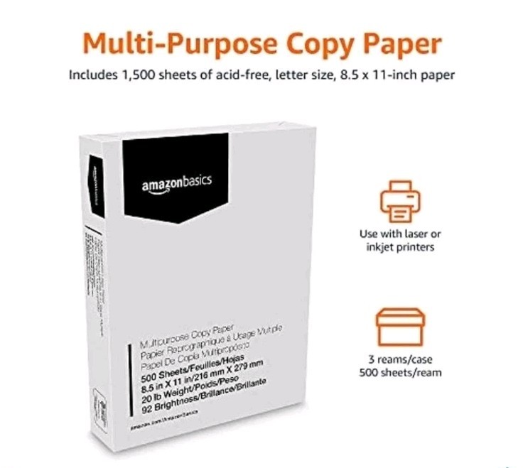 Amazon Basics Multipurpose Copy Printer Paper, 20 lb, 8.5 x 11 Inches, 3 Reams