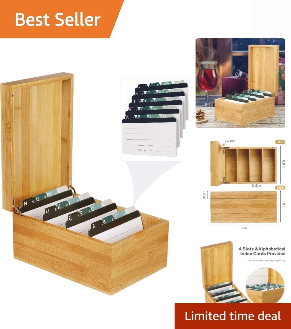 Index Card Holder, 4 x 6Inch Wooden Business Card Organizer for Desk with 3 D…