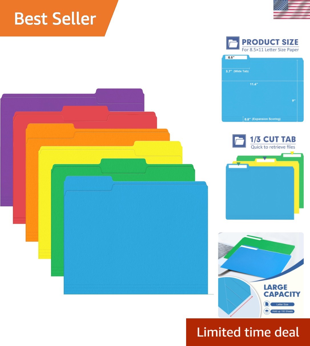 File Folder, 120 Pack Colored File Folder, 1/3 Cut Tab, Letter Size, Assorted…
