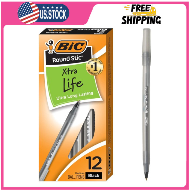 BIC Round Stic Xtra Life Black Ballpoint Pens, Medium Point (1.0mm), 12-Count