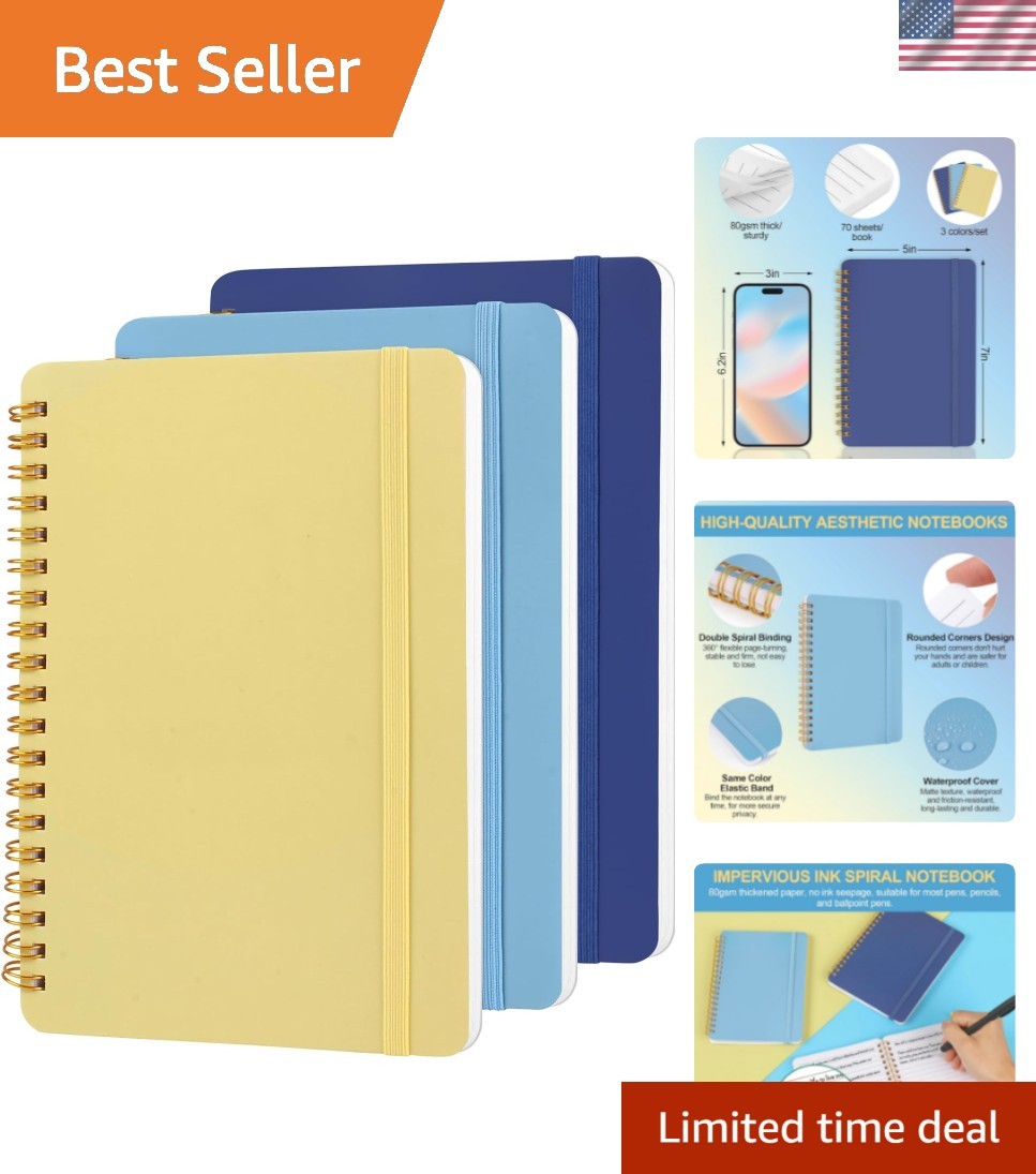 3 PCS Small Spiral Notebook 5×7, Notebooks for Note Taking, Blue Color Scheme…