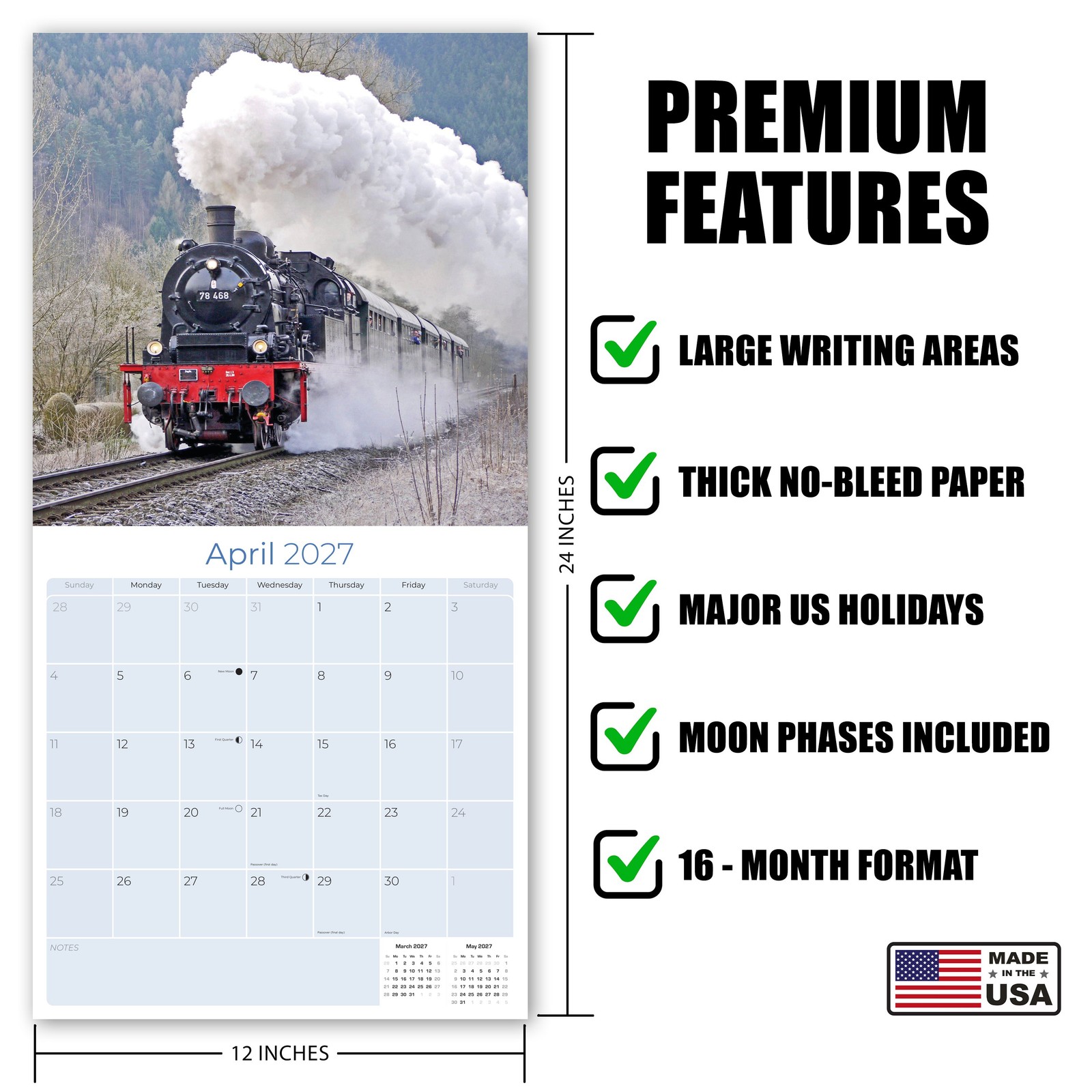 Steam Trains Calendar 2025 FULL SIZE 12×24 Made in USA