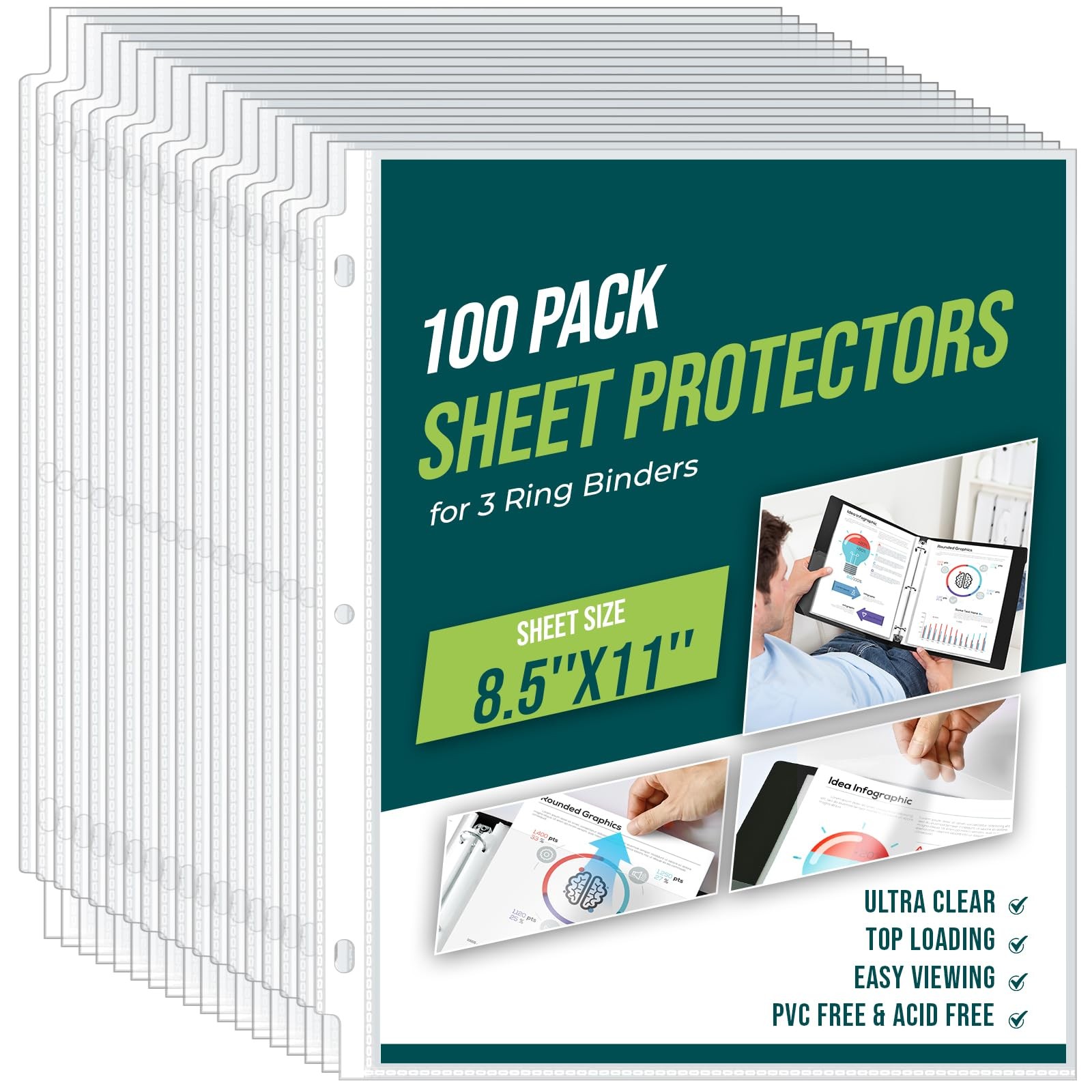 Sheet Protectors 8.5 x11 Inch Clear Page Protectors for 3 Ring Binder,100 Pac…