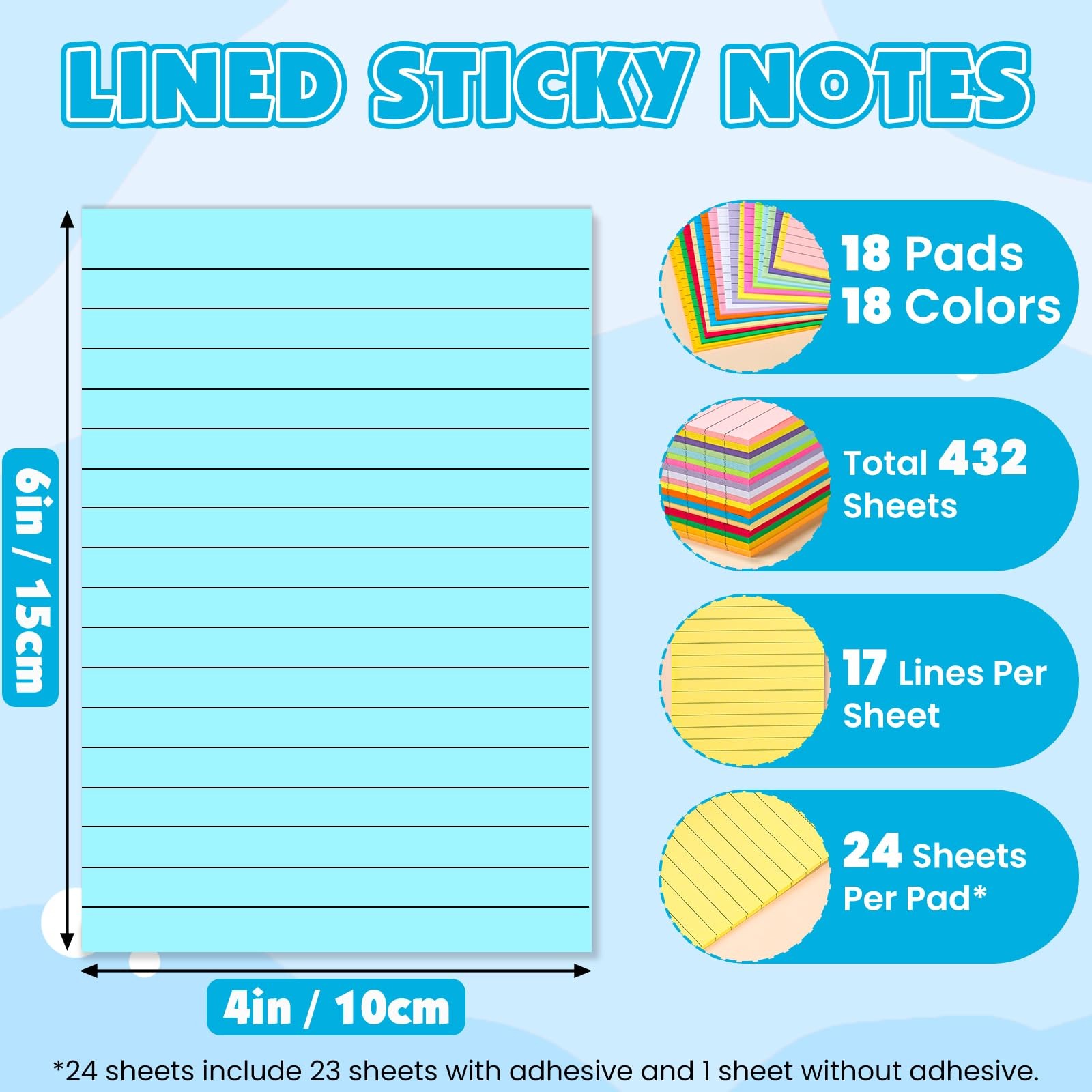 18 Pads Lined Sticky Notes, 18 Colors 4in x 6in Self Stick Note Pads, Strong …