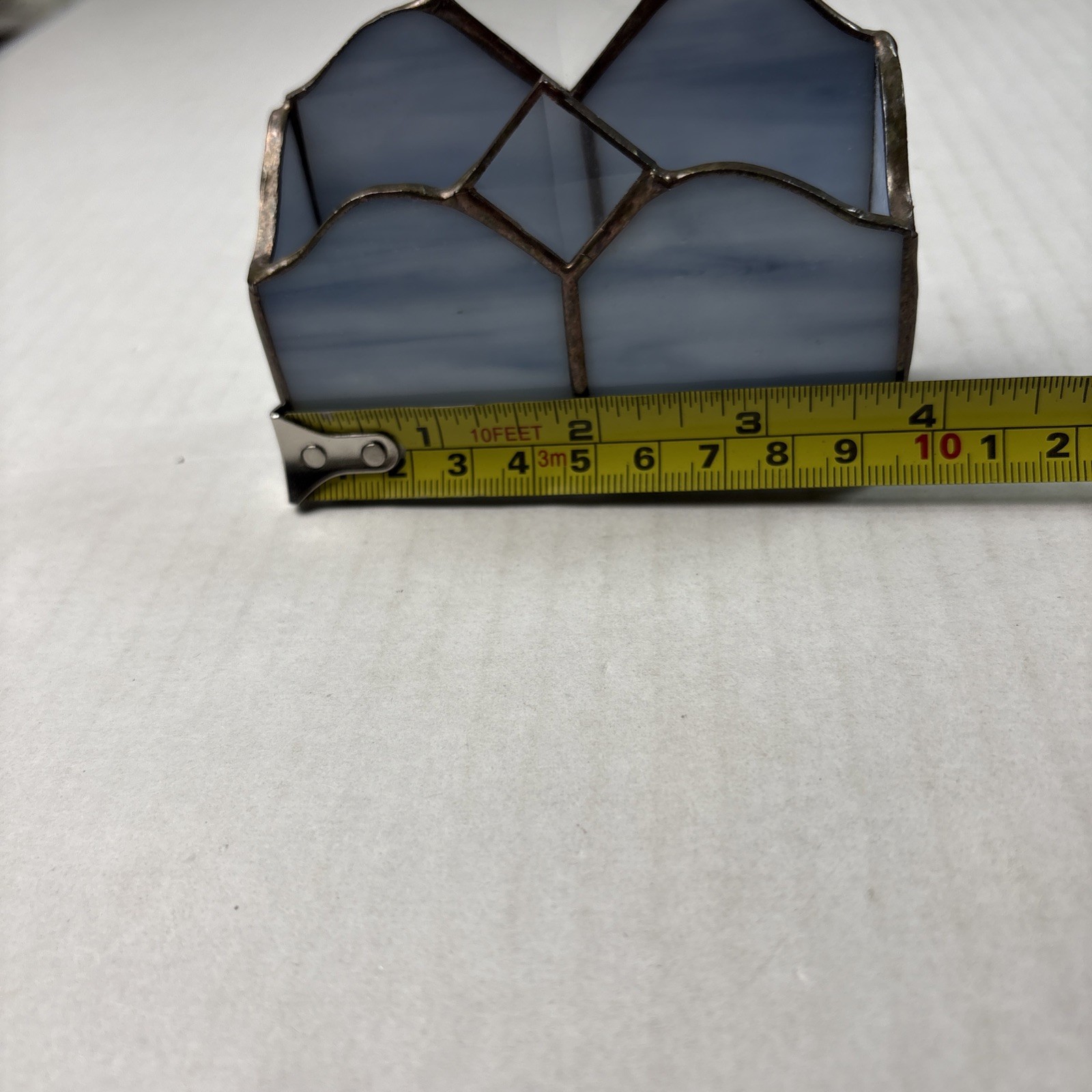 handcrafted stained glass business card desk organizer with metal frame Vintage