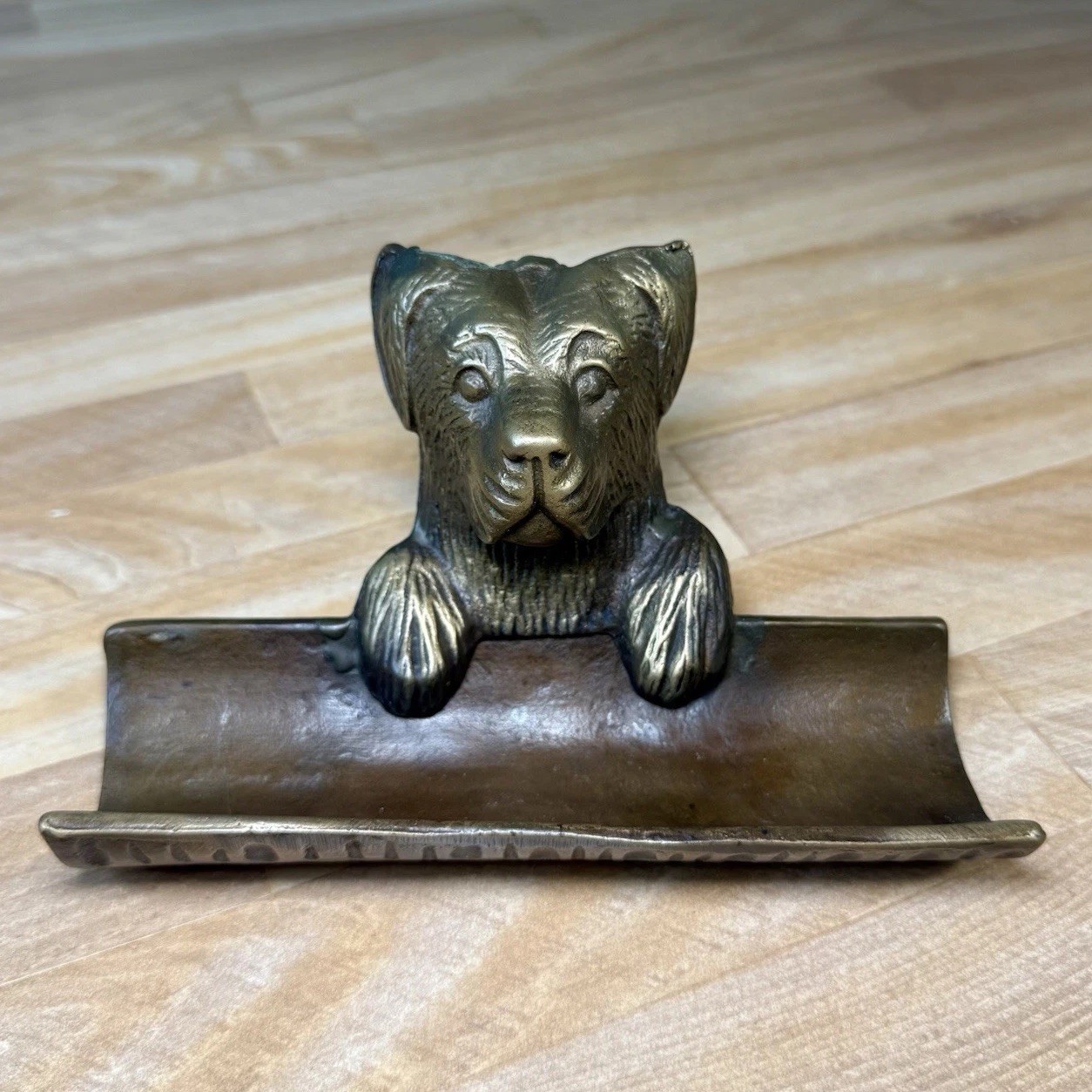 VTG Bronze Cast Metal Dog Puppy Office Desk Business Card Pen Holder 50s 60s 70s