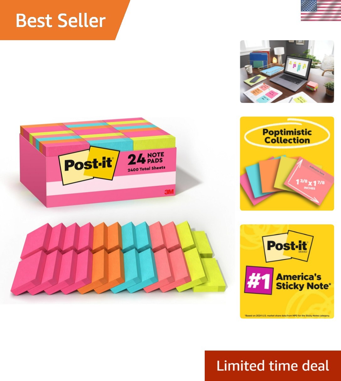 Mini Notes, 1 3/8 in. x 1 7/8 in., 24 Sticky Notes Pads, 100 Sheets per Pad, …