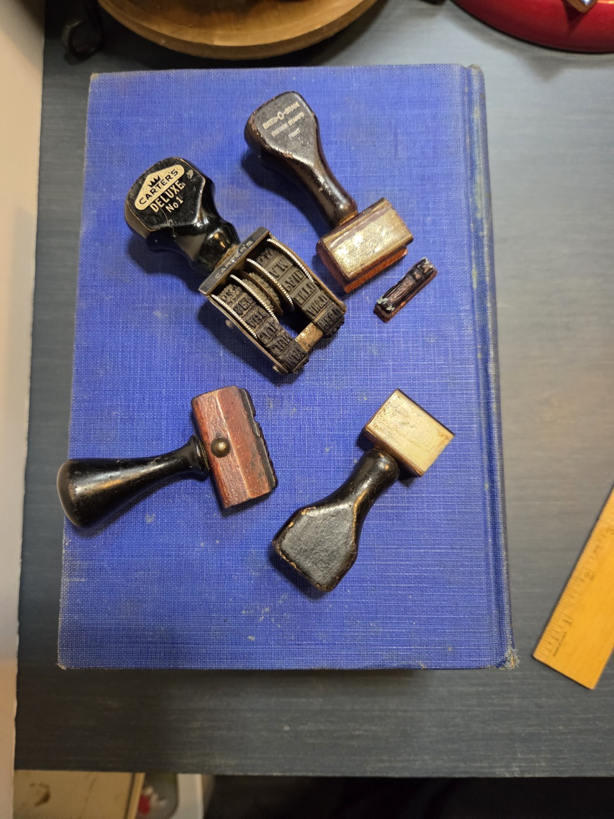Carters Deluxe No. 1 Date Stamp Vintage Office Rubber Stamps Lot Wood Handles