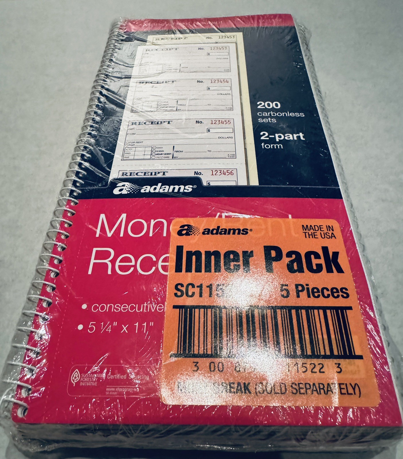 5 Pack Adams SC1182 Money/Rent Receipt Book 2-Part 200 Sets 7-5/8″ x 11″