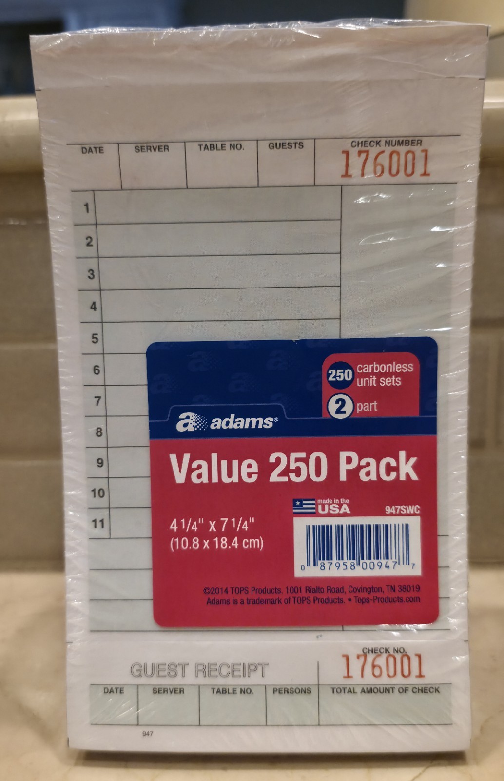 Adams 250 Carbonless Unit Sets 2 Part Guest Check Receipt 947SWC