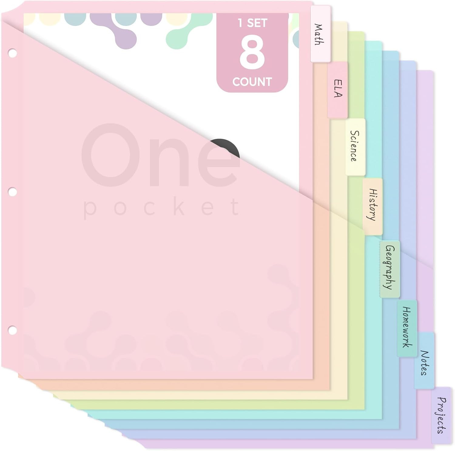 Pastel Binder Dividers with Pockets – 8-Tab Durable Plastic Dividers for 3-Ring