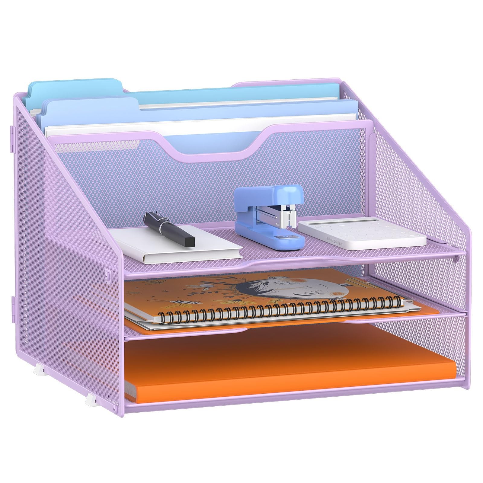 GAWERK Mesh Desk File Organizer, 3 Tray, 2 Upright Sections, Purple