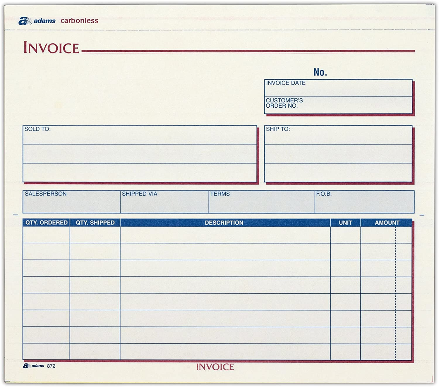 Invoice Unit Sets, 7.44 X 8.5 Inches, 3-Part, Carbonless, 100 per Pack (NC3872)