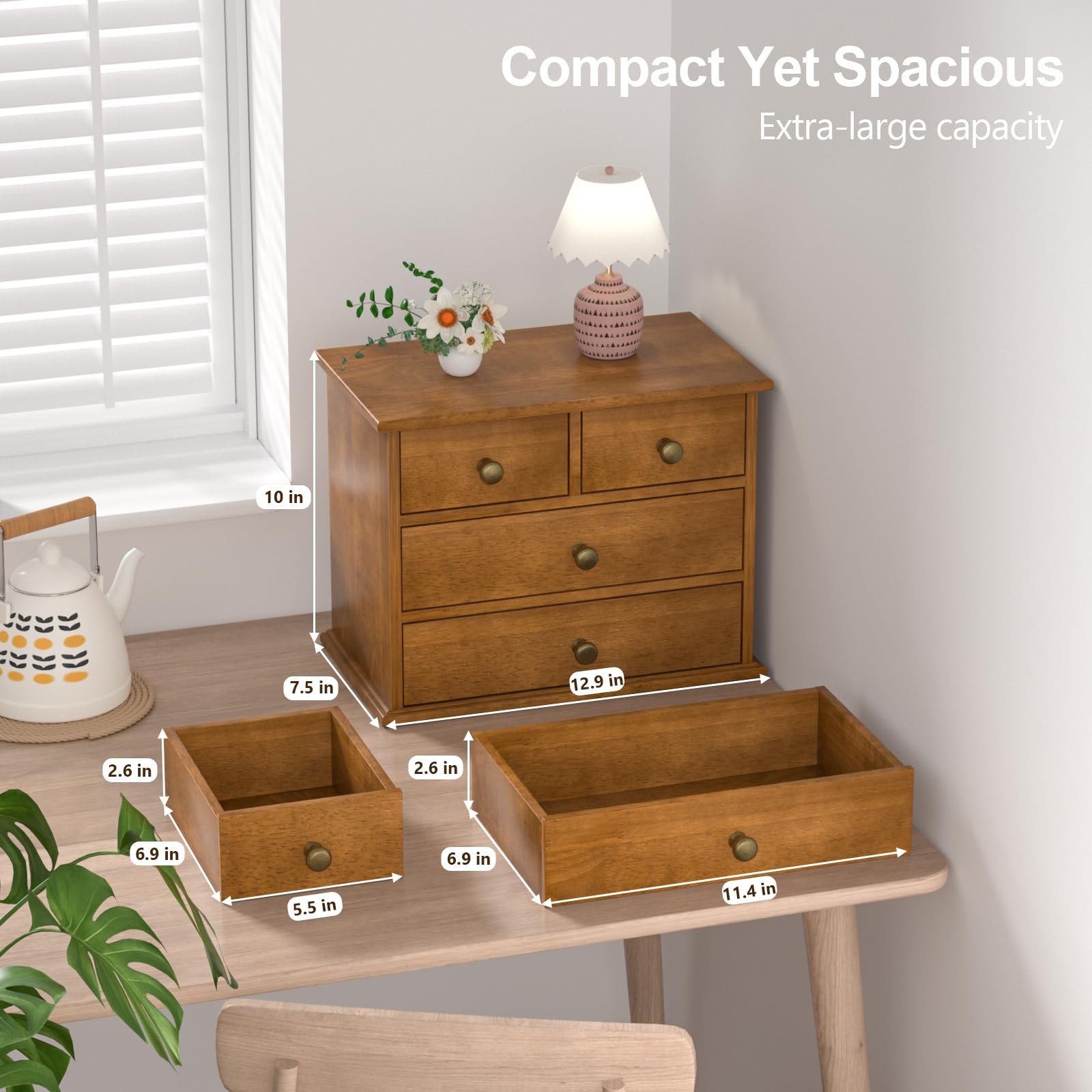 Oak Desk Organizer with Drawers, Durable Wooden Desktop Storage Box with Meta…