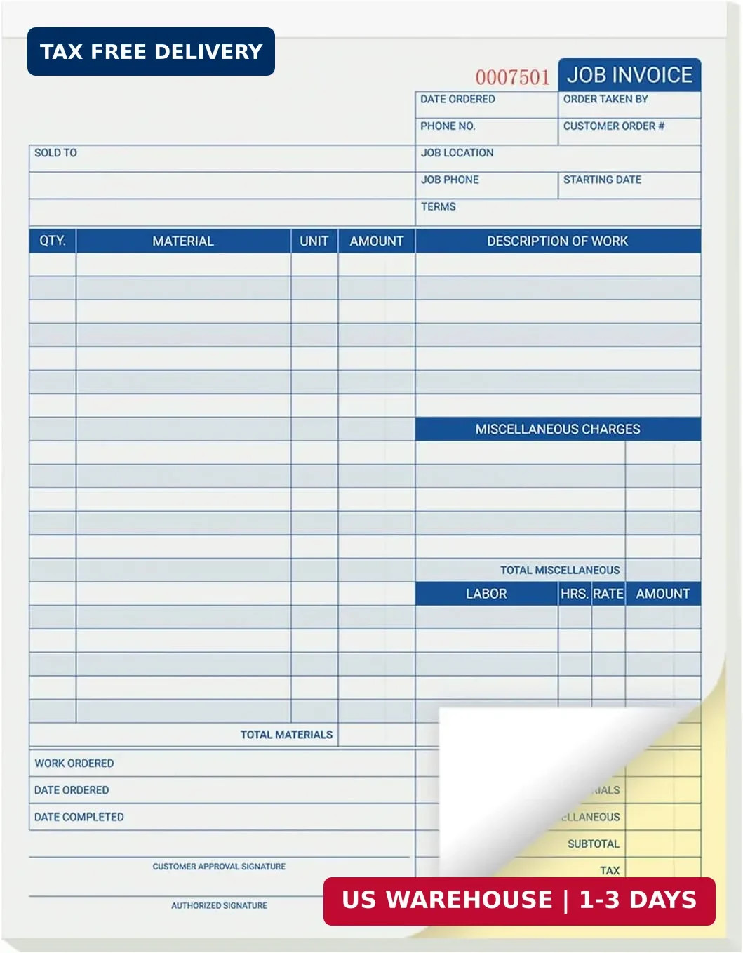 50 Pages – Auto Repair Job Order Invoice Forms – 2 Part Carbonless Work Order Fo