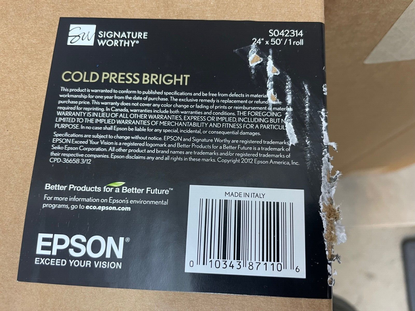 Epson S042314 19 mil 24″ x 50′ Cold Press Bright Paper Roll – Matte White New