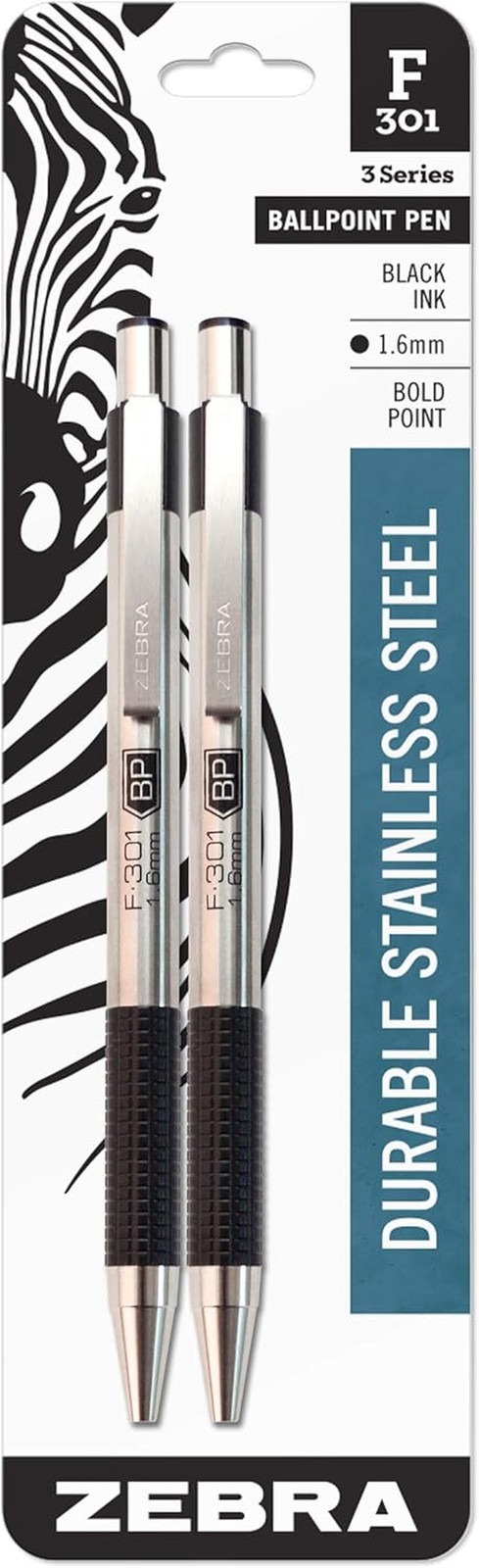 F-301 Retractable Ballpoint Pen, Stainless Steel Barrel, Bold Point, 1.6Mm, Blac