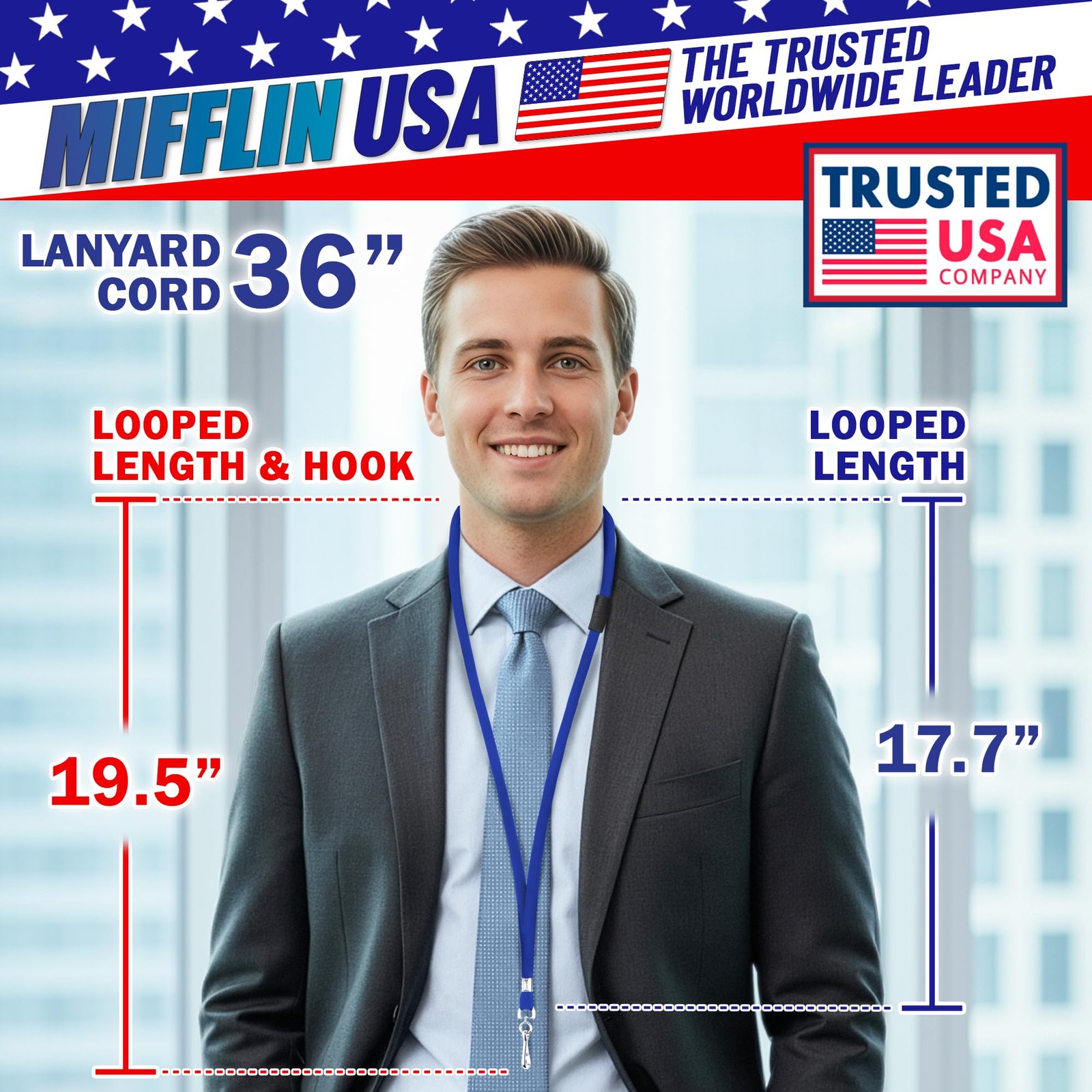 Mifflin-Usa Flat Breakaway Safety Lanyard For Id Badges Blue 36 Inch 100 Pack