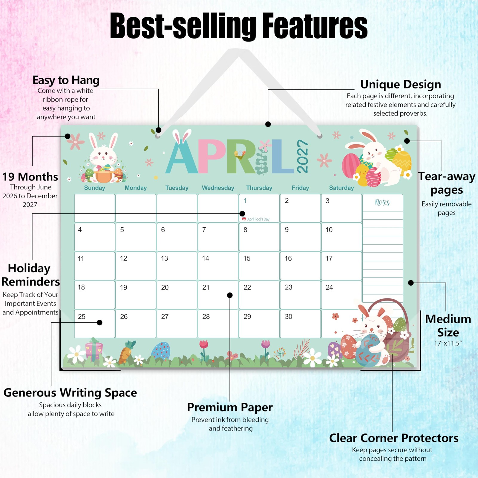 Guasslee Desk Calendar 2026-2027, 19-Month School 17″x11.5″, Jun 19month blue