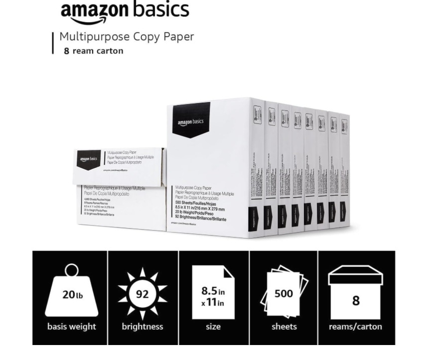 Basics 20lb Copy Paper, 8.5×11, 8 Reams/4,000 Sheets, 92 Bright White for Crisp