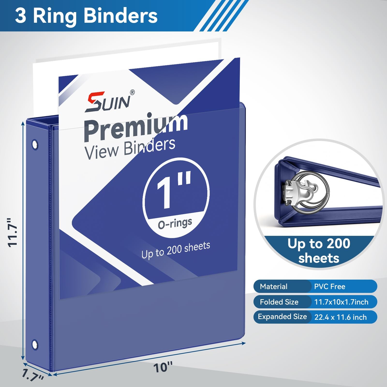 SUIN 1-inch 3 Ring Binder with 2 Interior 10.5 x 11.6”, Assorted Colors