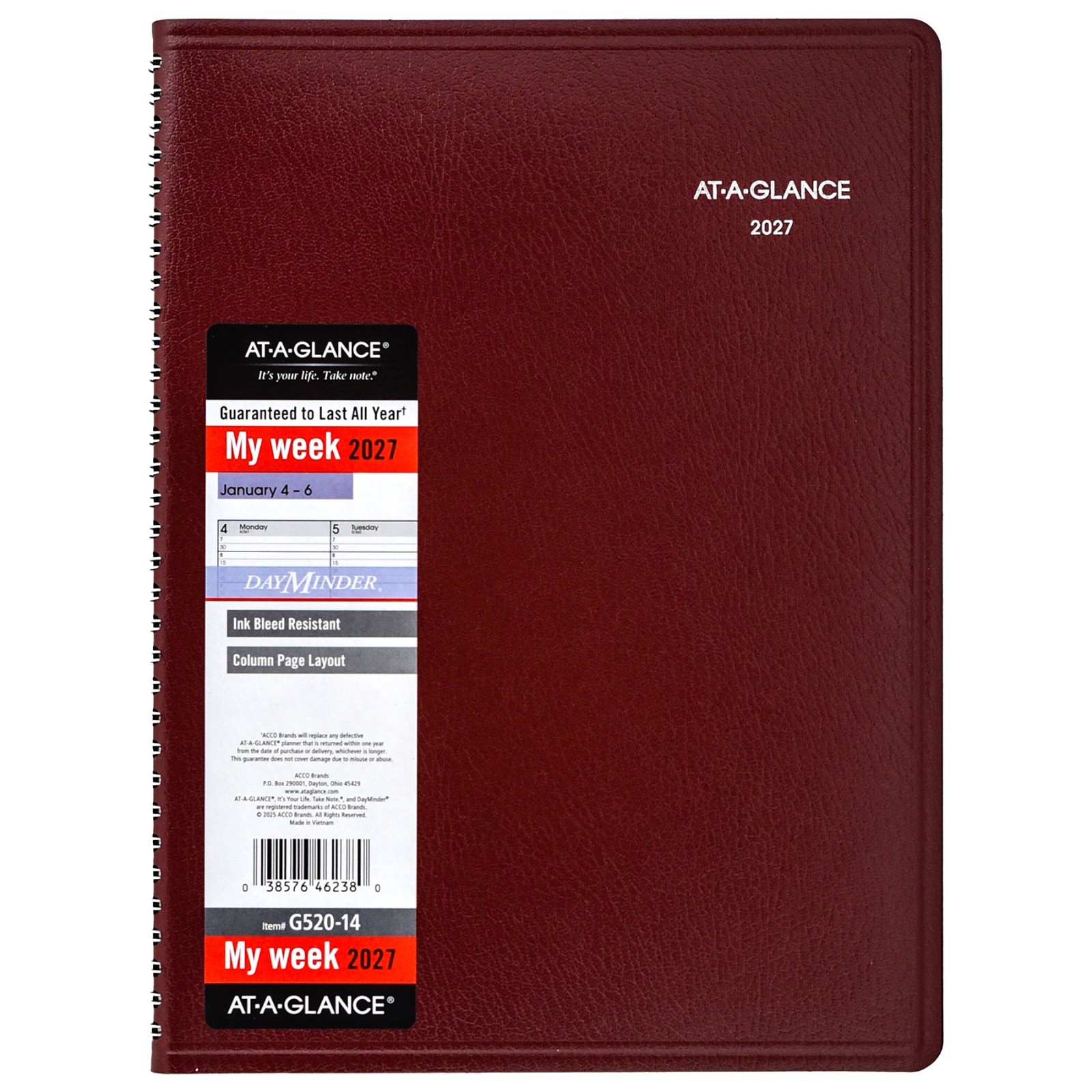 2026 At-A-Glance DayMinder G520-14 Weekly Appointment Book, 8 x 11″, Burgundy
