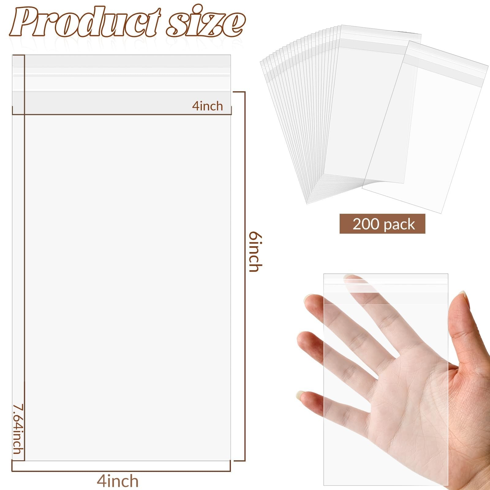 200 Pack 4.5×6.5 Inch Clear Self-Sealing Cellophane Bags, Resealable Plastic Sle