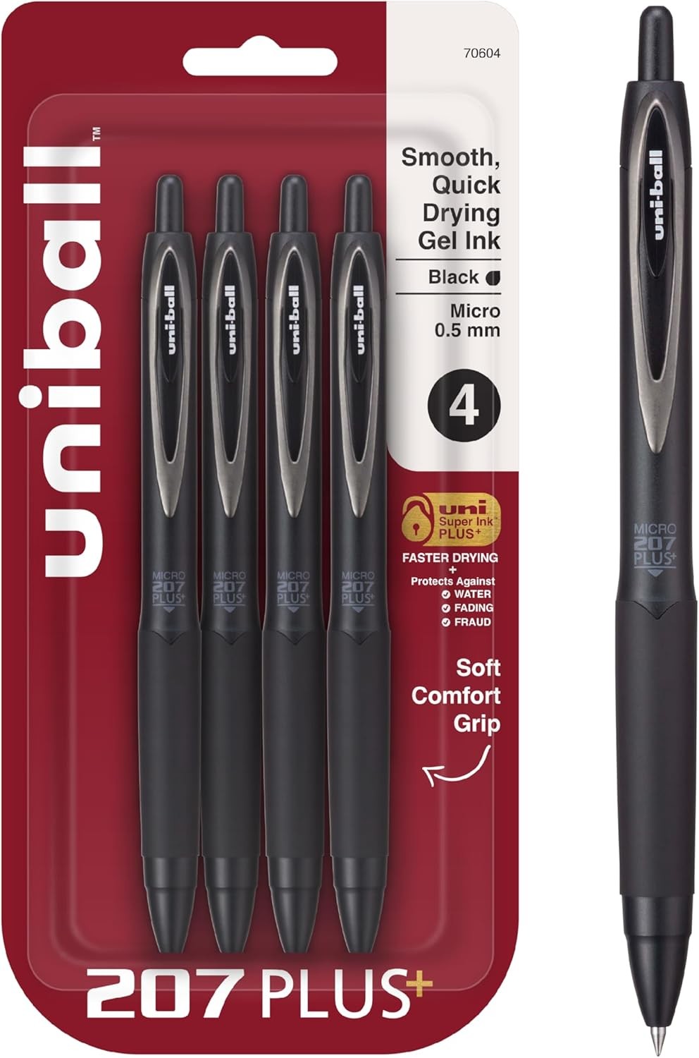 Uni-Ball 207+ Black Retractable Gel Pens 4 Pack with Micro 0.5mm Points, Uni-Bal