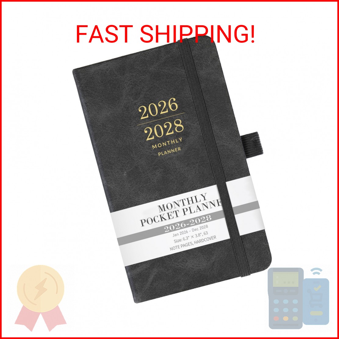 2026-2028 Monthly Pocket Calendar – 3 Year Planner with Faux Leather Cover, Jan