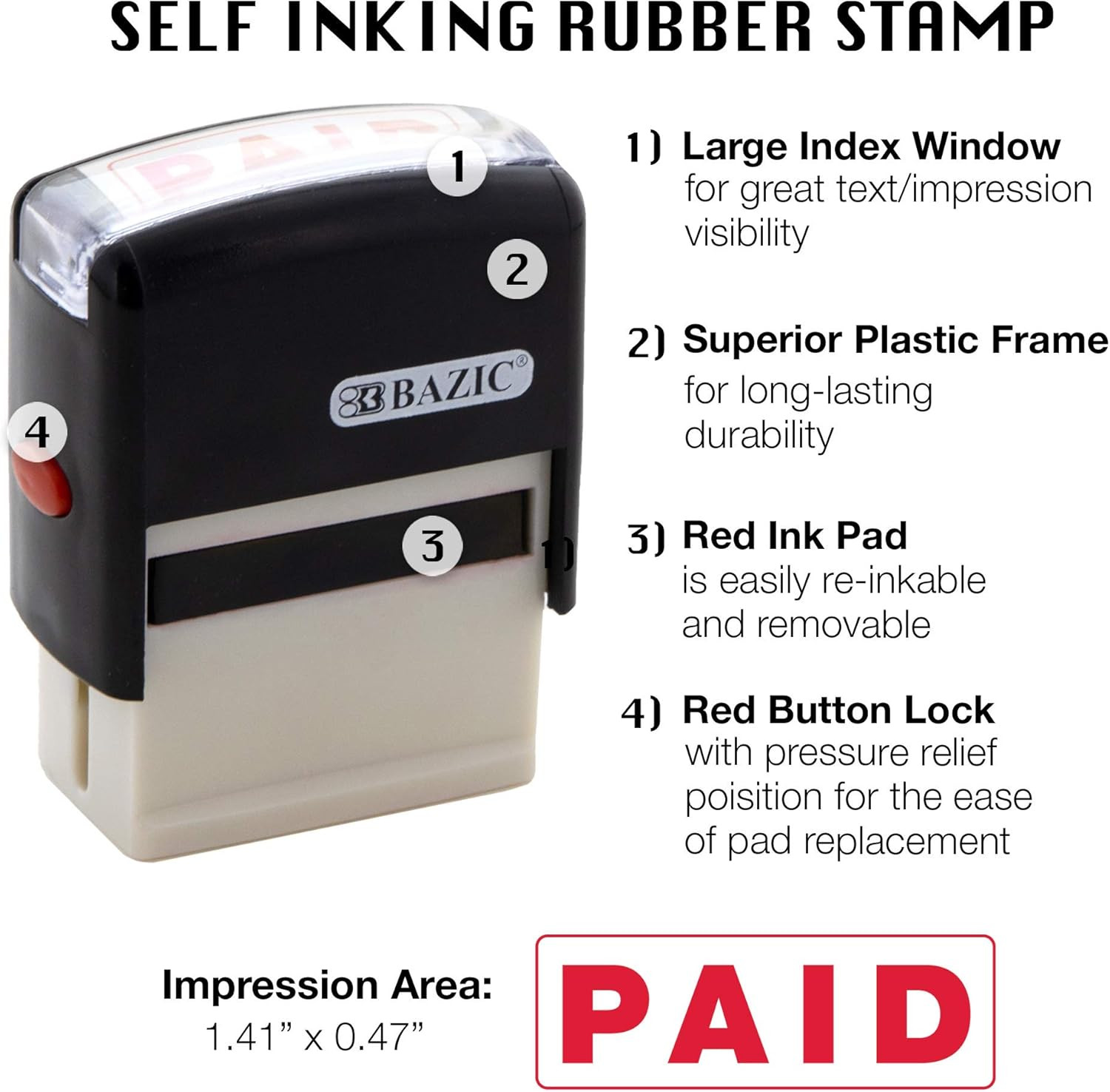 Paid Self Inking Stamp, Red Ink for Office Use, 1.41″X0.47″ Impression Size