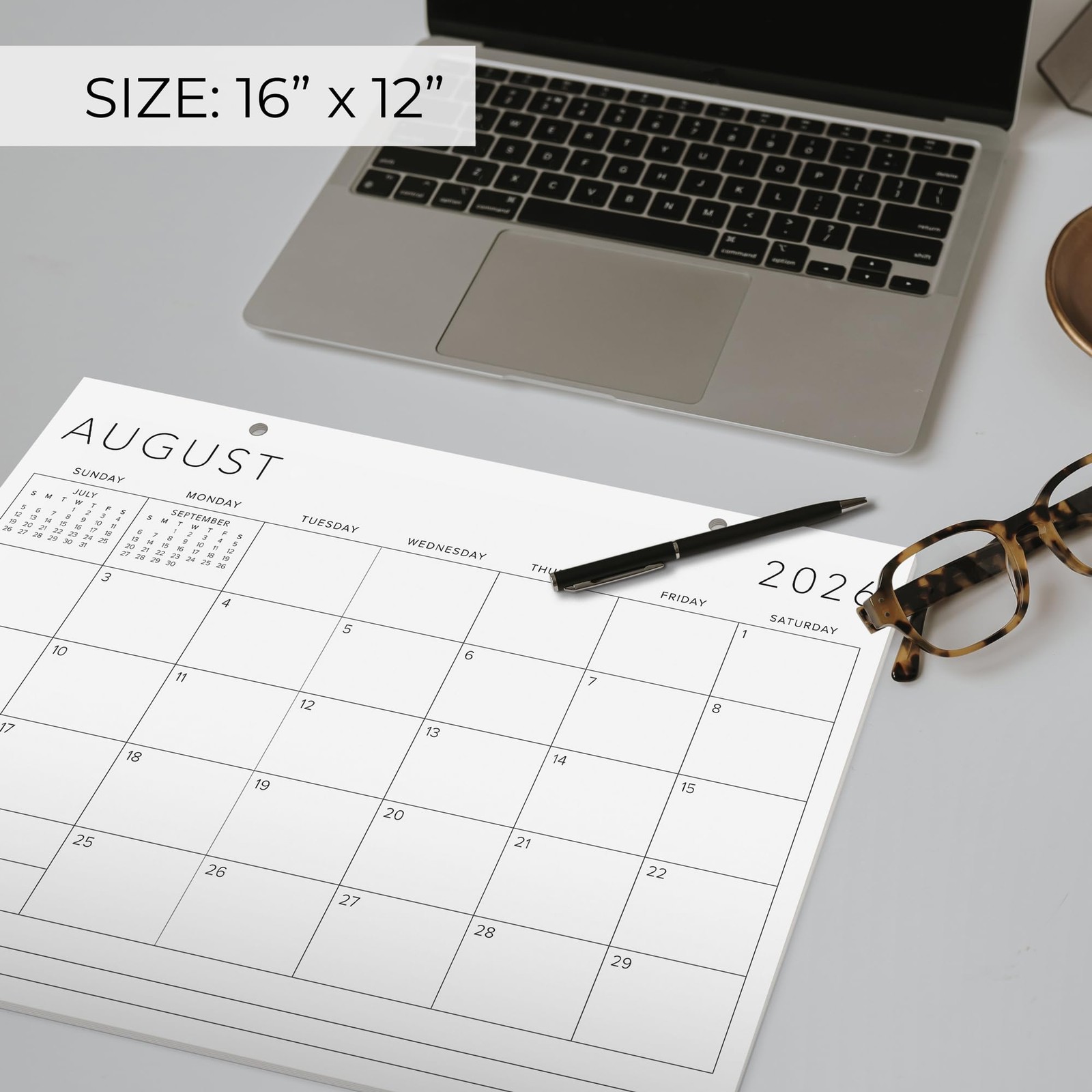 White Black 2026 Desk Calendar 16 x 12 Inch January to December